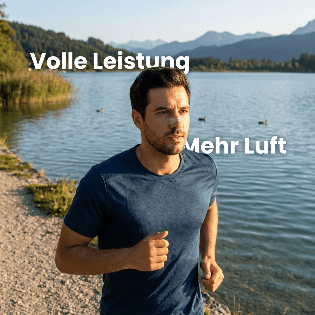 Mann joggt an einem See mit AirStrip Nasenpflaster, Bildtext Volle Leistung und Mehr Luft