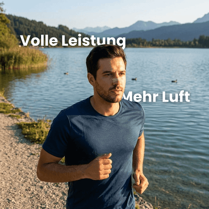 Mann joggt an einem See mit AirStrip Nasenpflaster, Bildtext Volle Leistung und Mehr Luft